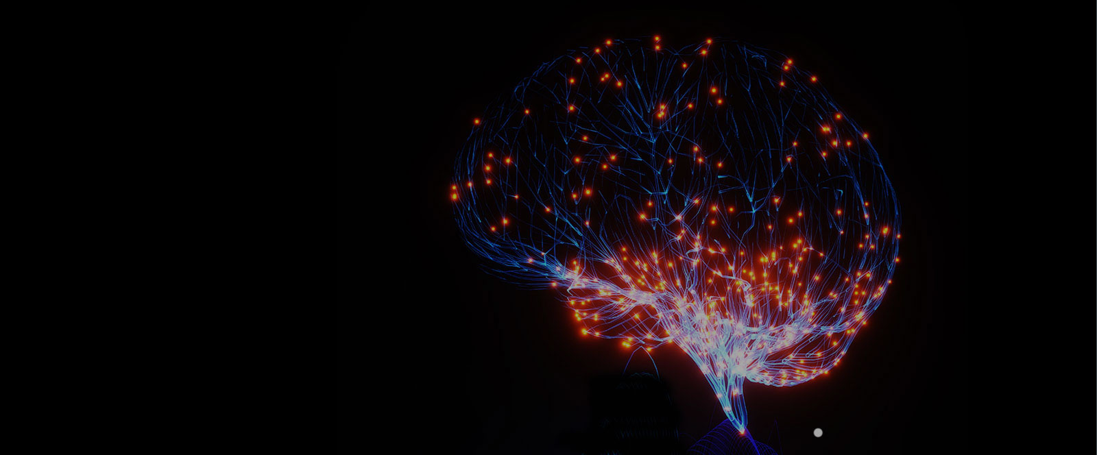 Digital illustration of a human brain with glowing neural network connections in blue and orange on a black background.
